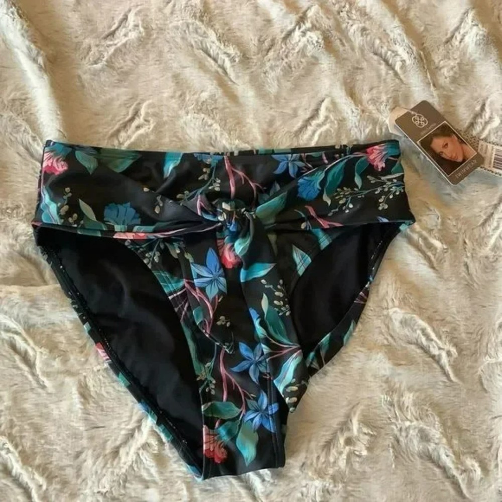 NWT Daisy Fuentes Black Floral High Waist Bikini Bottom Size 6